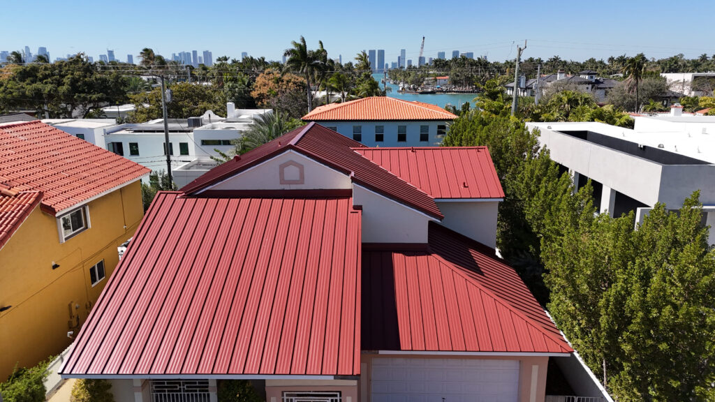 Red metal roofs on neighboring homes with a city skyline in the distance