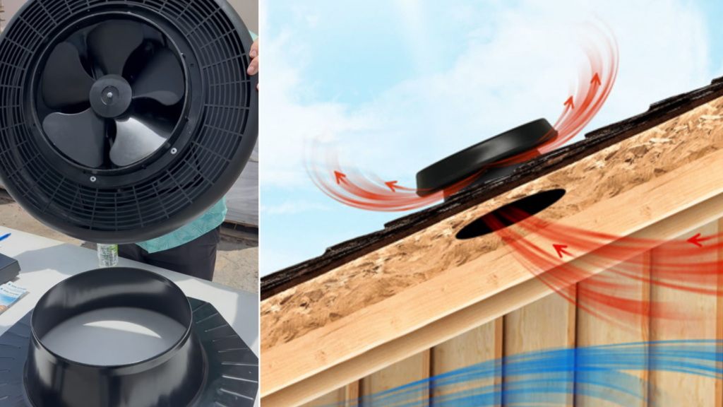 Solar attic fan components and an illustration of attic airflow
