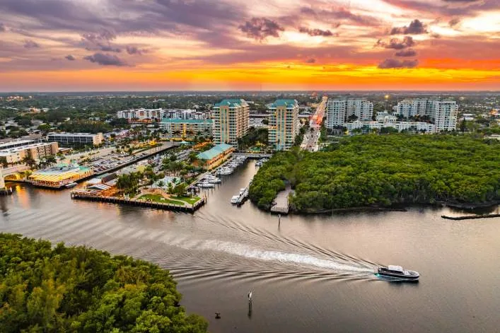Aerial view of Boynton Beach, FL marinas and waterway at sunset