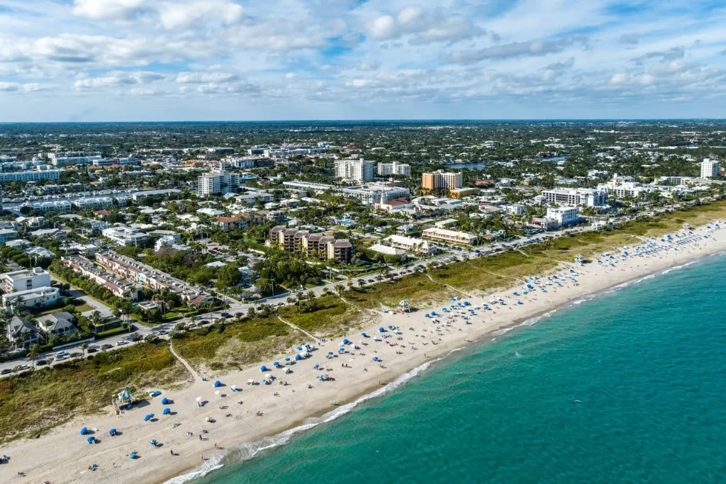Aerial view of the Delray Beach, FL shoreline, beach and neighborhoods