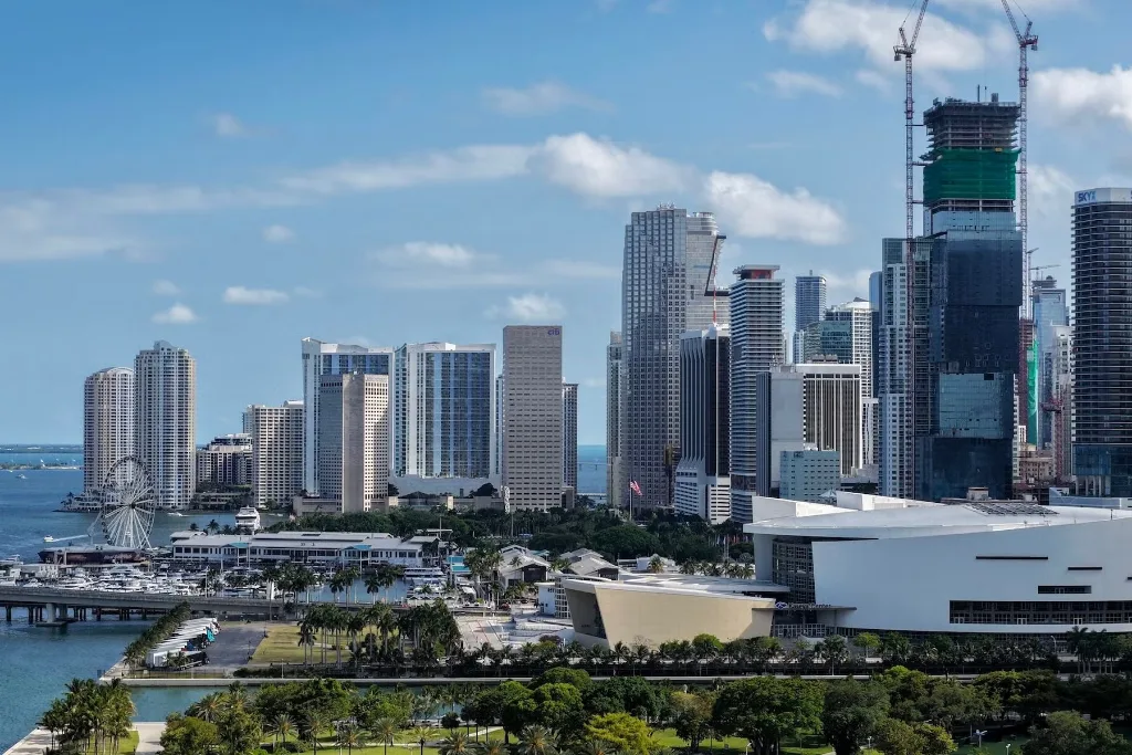 Downtown Miami skyline and Biscayne Bay in Miami-Dade County, FL