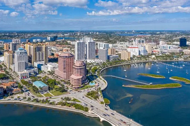 Aerial view of the West Palm Beach, FL skyline and waterfront